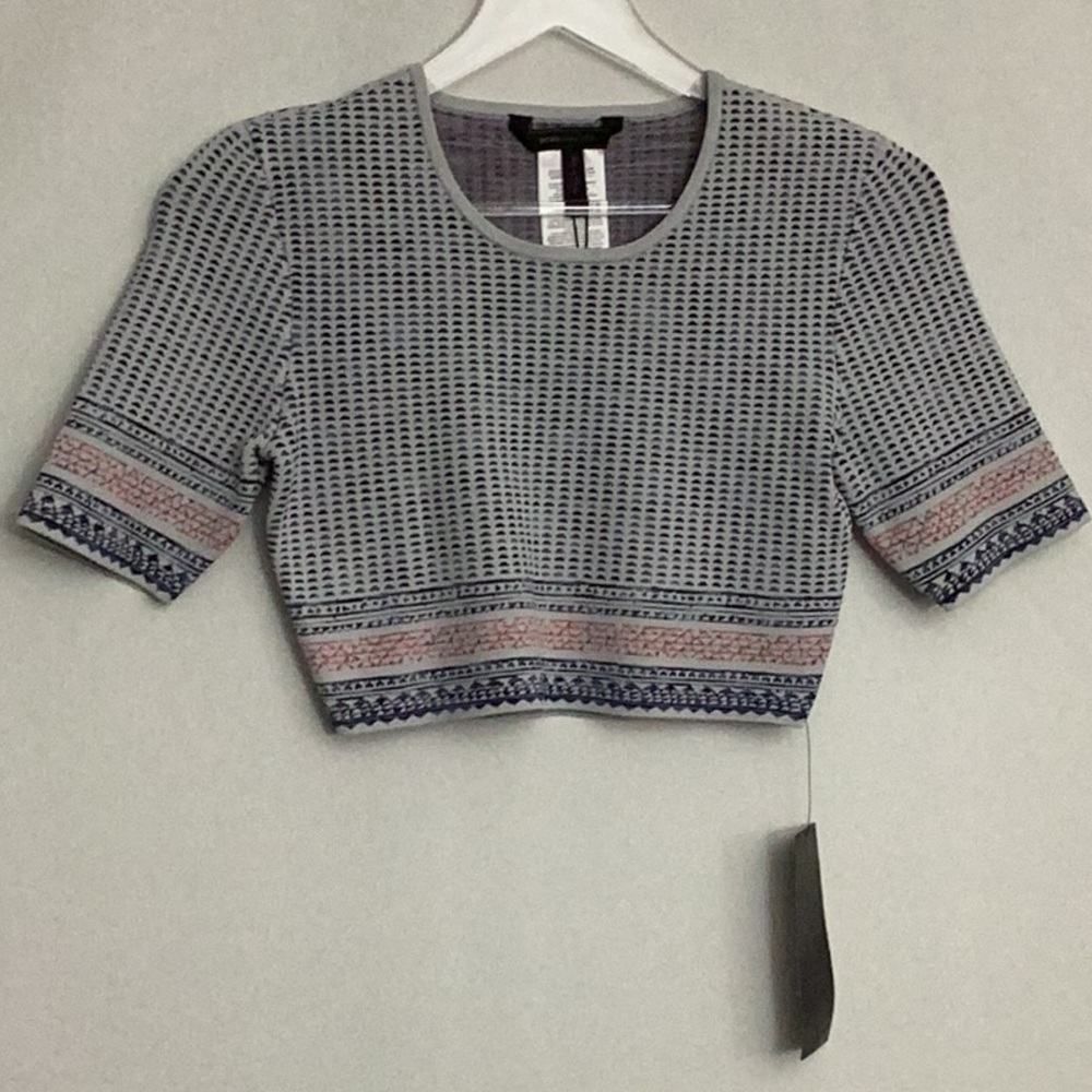 NWT BCBG MAXAZRIA $208 Kayla Knit Crop Knit Top Size Small Gray Blue and Orange